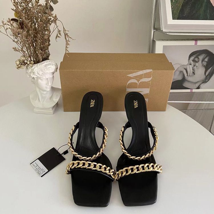 ZA2024 summer new high heels metal chain bright embellished line with open toe after empty open with fashion slippers woman
