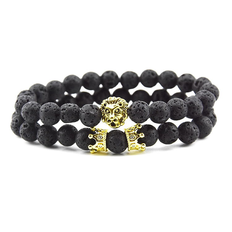 HKSZ021 2pcs Onyx Lion Stone Bracelet Set Men Crown Charm Beaded Copper Leo Head Bracelet Women 8mm
