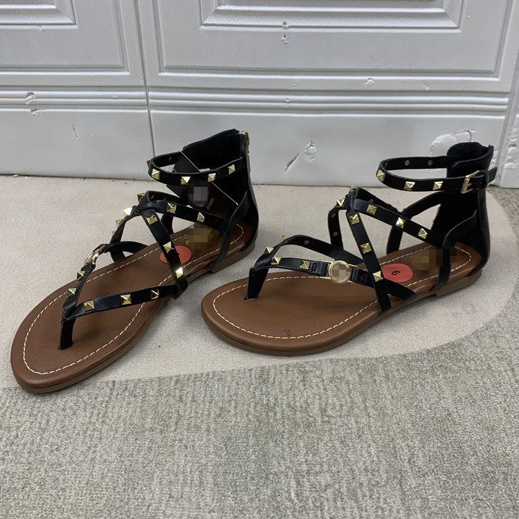 Women's and Girls Roma Sandals Square Studs Cross with Flat Zipper Sandals Flip-Flops Beach Shoes

