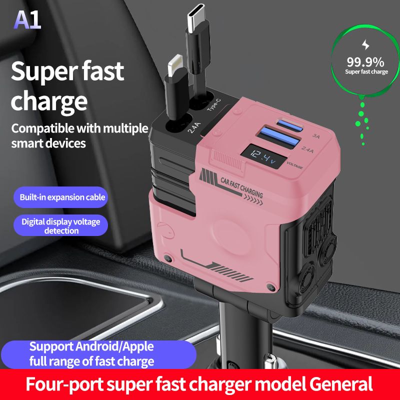 Car Charger Super Fast Charging Retractable Cable Mecha Style LED Display 4-in-1 Cigarette Lighter Charger
