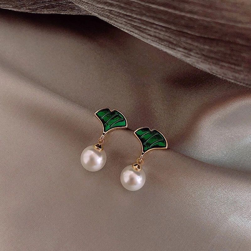 M1465 Fashion Ginkgo Biloba Earrings S925 Silver Post Leaf Pearl Drop Earrings Stud Earring Jewelry Gift for Women Girls