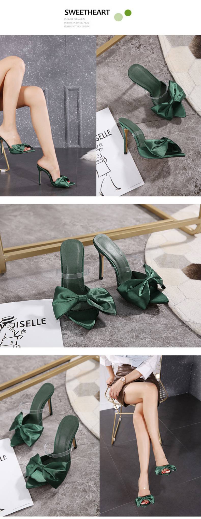 128-81 Women Slippers Mule High Heels Slippers Sandals Flip Flops Pointed Toe Strappy Slides Party Shoes