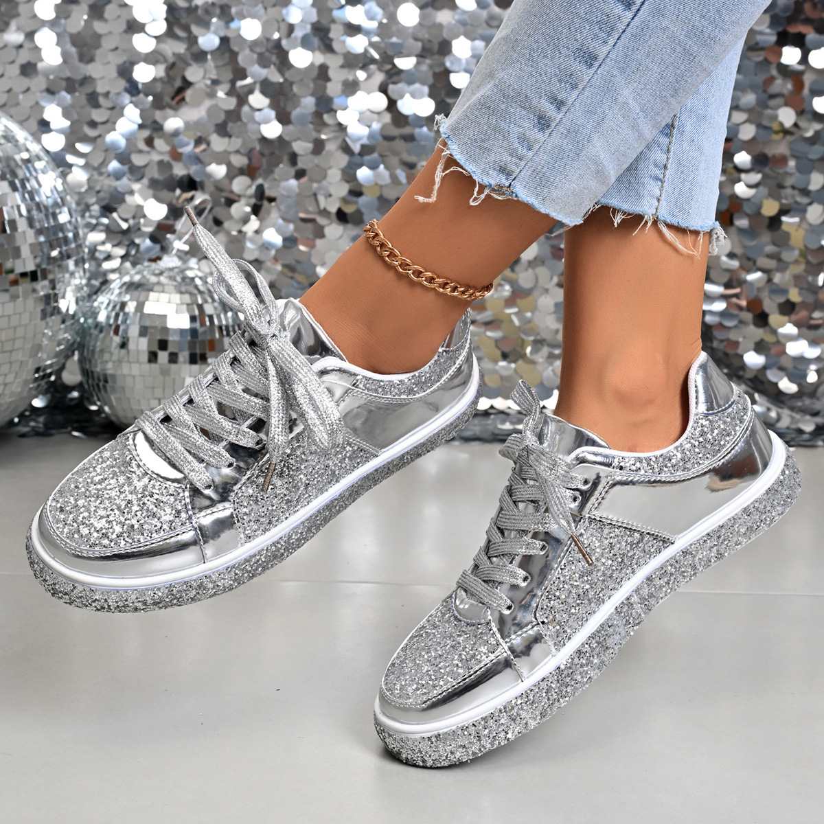 2025 Autumn New Style Sequined Lace-Up Platform Low-Top Shoes Women's Plus Size Fashion Casual Sneakers