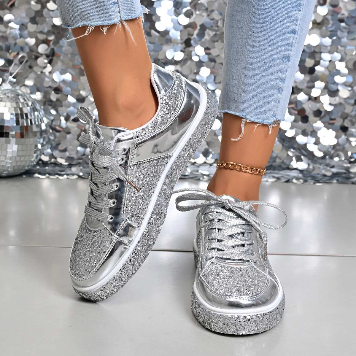 2025 Autumn New Style Sequined Lace-Up Platform Low-Top Shoes Women's Plus Size Fashion Casual Sneakers
