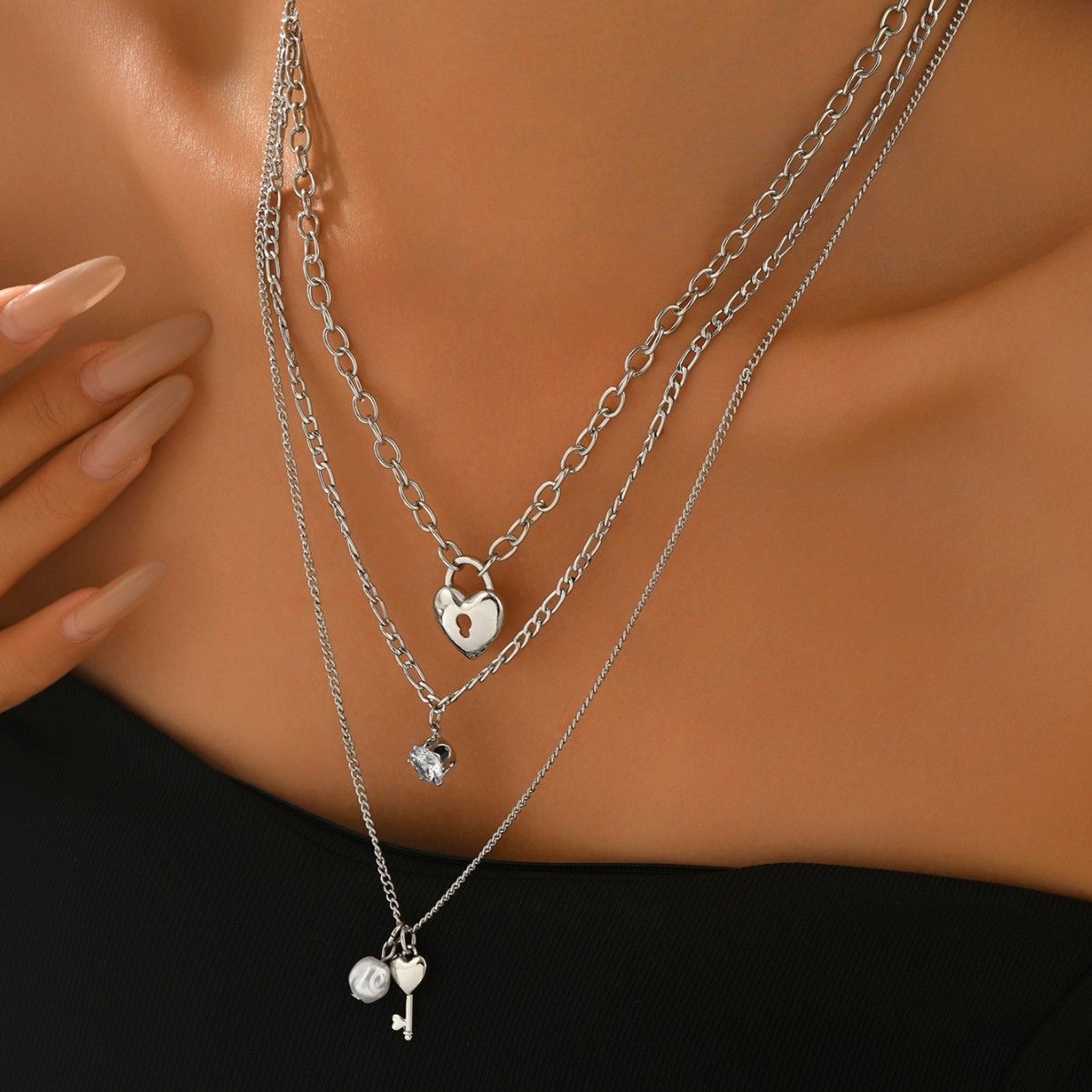 Silver Tone 4-Tier Layered Necklace with Heart Lock, Key & Crystal Charms, Adjustable 48.5+8cm Chain with Pearl Accent for Women
