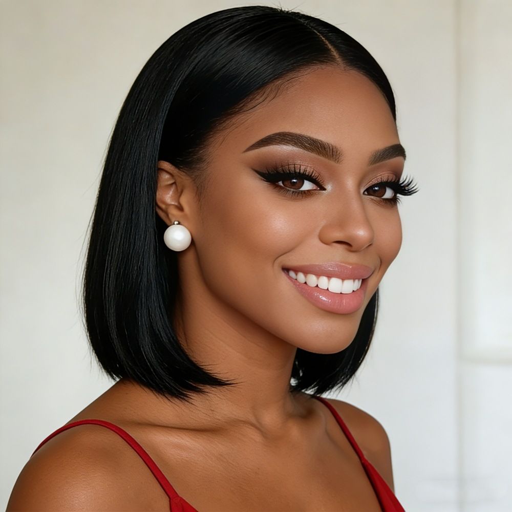Black Short Straight Bob Wig for Women, Middle Part High Temperature Fiber Full Wig with Adjustable Cap
