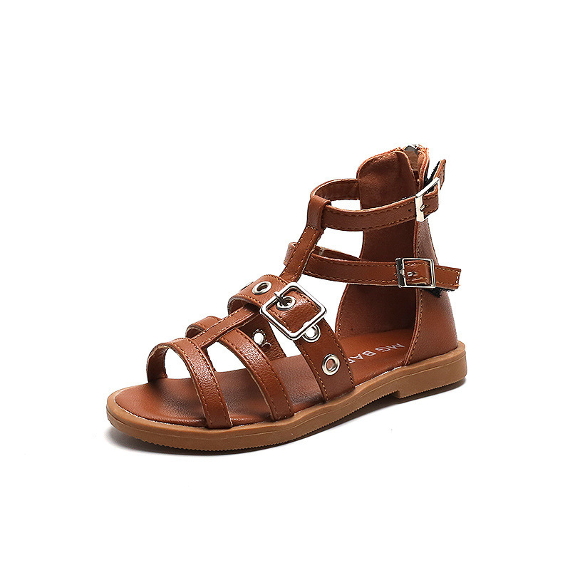 Women Girls Roman Shoes Open-toe Buckle Flat Casual Soft Bottom Sandals High Top Children's Beach Shoes
