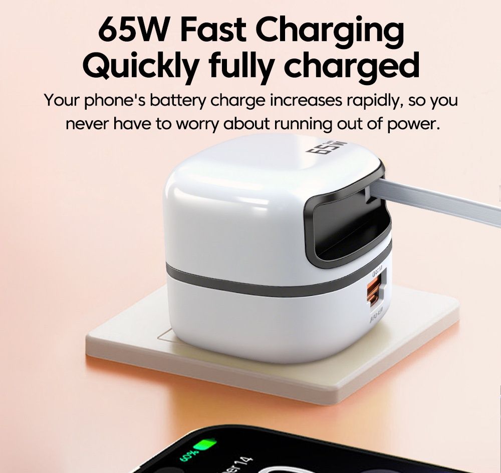 2026 New Portable 65W Fast Charger With Built-In Retractable Charging Cable, Foldable Anti-Scratch AC Plug, Mini Compact Pocket-Size Small Body,Daily Commute, Outdoor Carry, Hotel Trip Portable Power Supply