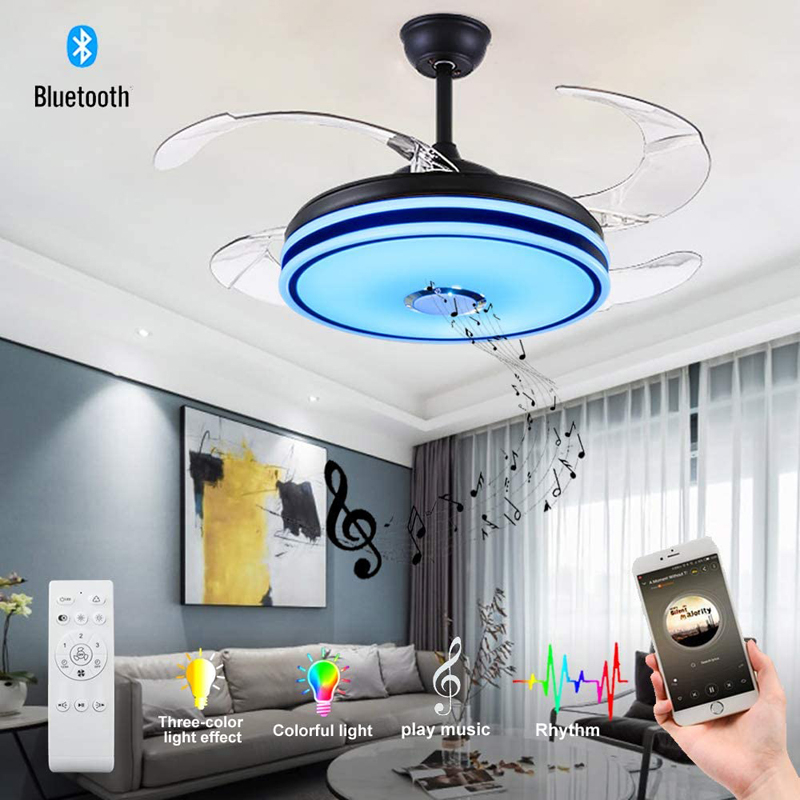 Peach Retractable ceiling fan light and Bluetooth speaker color Changing 36W 49.2In Black ceiling fan with remote control. 