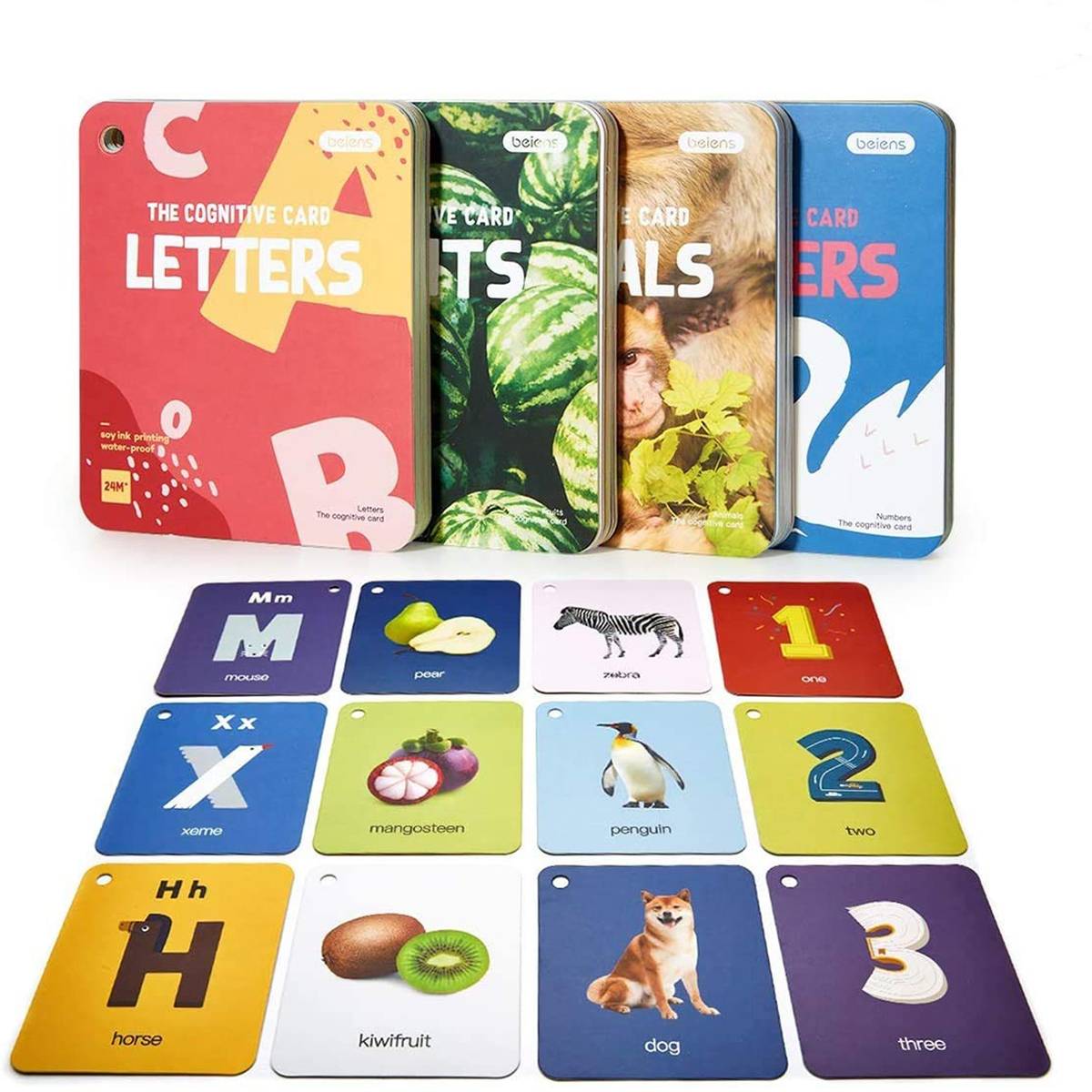 beiens Baby Flash Cards, 80 Pcs Double-Sided ABC 160 Flashcards with Rings Educational Learning Toys for Infants Toddlers Birthday Preschool Gifts Age 1-4 Year (Alphabet, Numbers, Animals, Fruit)