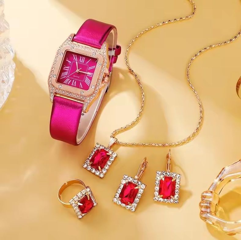 5pieces Set Ladies Wrist Watch + Bracelets+ Necklace+Ring+Earrings