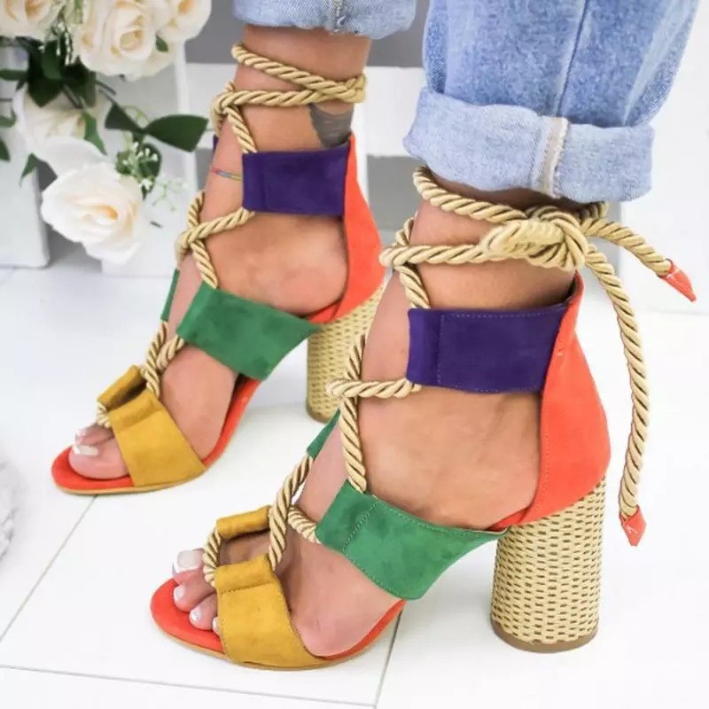 High Heel Strap Contrast Sandals female shoes CRRshop free shipping best sell New Women's Shoes Children's Large Sandals in Europe and America Women's High Heels Thick Heels Color Matching over size 35 36 -40 41 42 43 popular shoes heel height 7cm rear lace up sandals