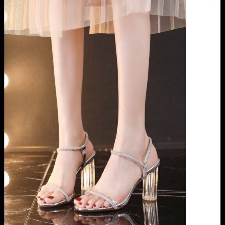 Female Thick high heels Crystal high heels transparent Sandals women shoes gold silvery High heeled sandals CRRSHOP girl shoes size 34 35 36 37 38 39 40 41 Heel height 7 CM 