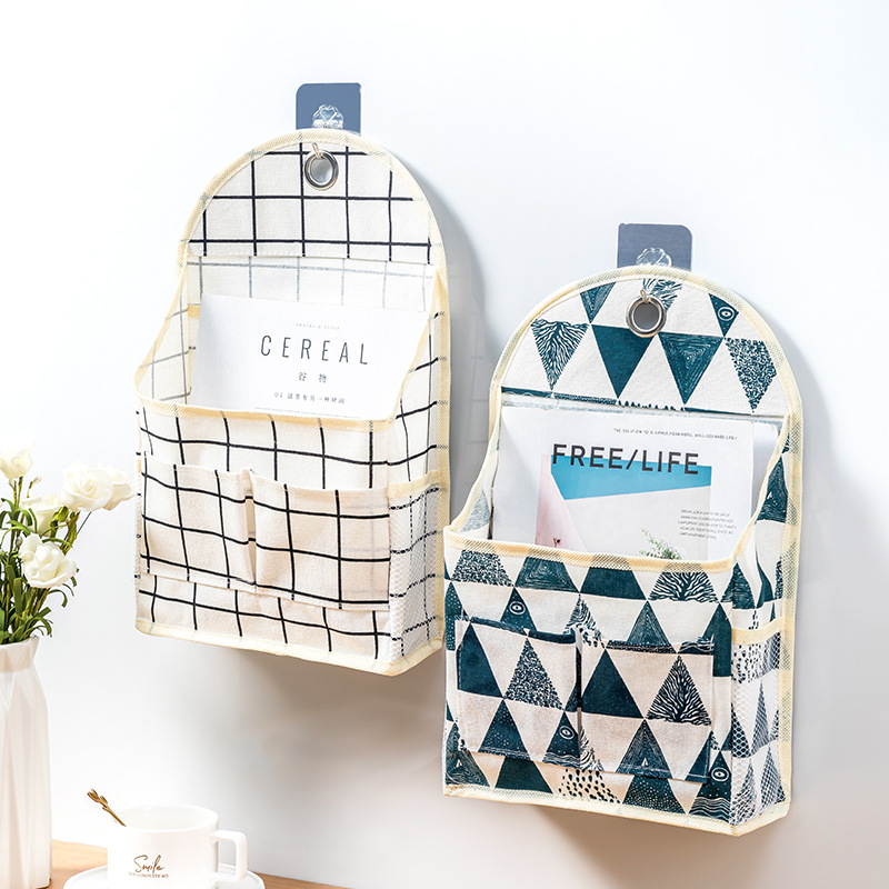 Wall Hanging Storage Bag, Waterproof Over The Door Closet Organizer with 3 Pockets, Stylish Hanging Pocket Linen Cotton Pouch Box Containers for Bedroom Bathroom Desktop