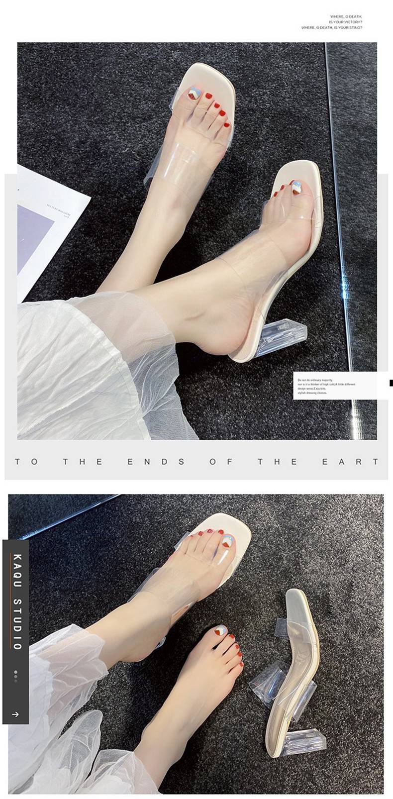 600 Women Summer 2021 Girl Sexy Clear  Round Heel Open Toe High Heel Slippers Shoes