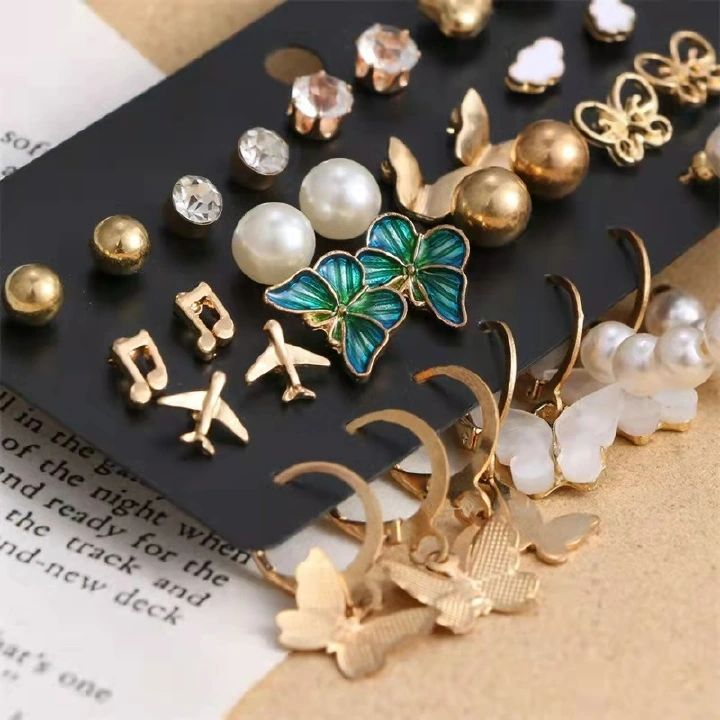 17 Pairs Fashion Stunning Earrings For Beautiful Girls Women's Fashion Accessories Jewellery Earrings Creative  Combination Note Pearl Breathtaking Earrings Sets