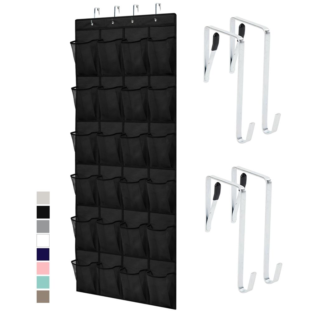 Over the Door Shoe Organizer, 24 Large Breathable Mesh Pockets, Space Saving Hanging Storage Holder, Closet Rack Hanger Holds Up to 40 lbs, Hangs on Closets for Shoes, Accessories, Black