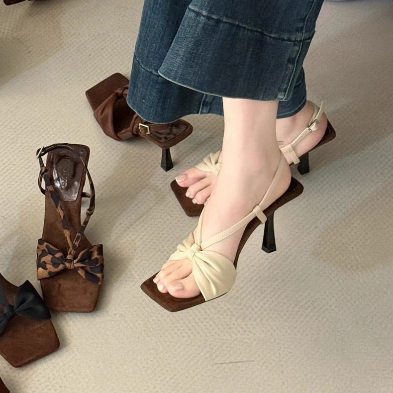 Summer New French Retro Sandals for Women, Stylish Leopard Print One Strap Design, Elegant Square Toe with Delicate Bow Knot Decoration, Thin High Heel Casual Dress Shoes, Versatile Outdoor Daily Party Footwear