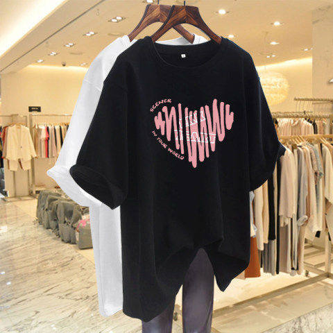 Women's Spring/Summer New Love Letter Print T-Shirt Loose Medium Length Top