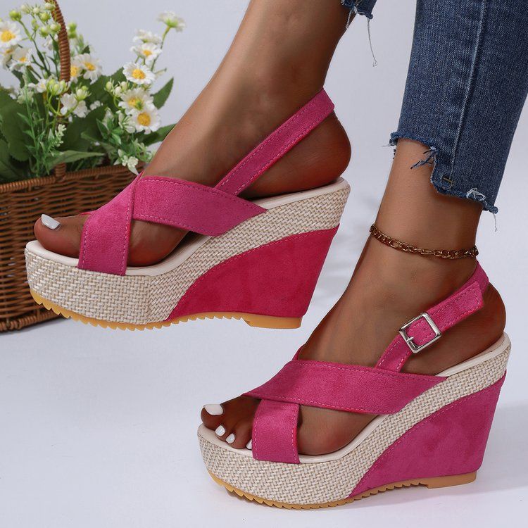 Platform wedge sandals Women's 2024 plus-size denim cross-strap sandals 112910