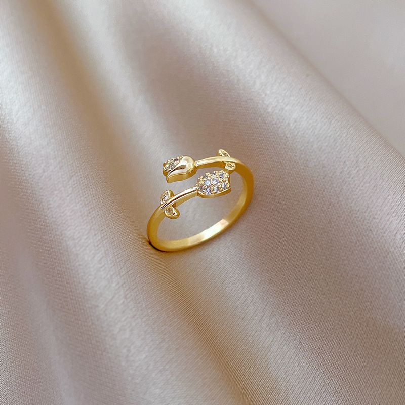 Minimalist Sparkly Full Paved Zircon Tulip Rose Open Adjustable Ring Real Gold Electroplated Thin Band Finger Ring Elegant Floral Statement Hand Jewelry Delicate Daily Dating Stackable Accessory Gift For Women Ladies Party Casual Outfit Ornament
