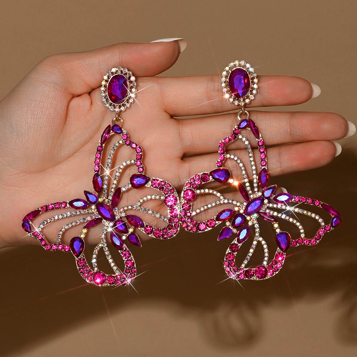 Oversized Hollow Butterfly Dangle Earrings Colorful Full Paved Rhinestone Crystal Drop Earrings Trendy Exaggerated Alloy Statement Ear Jewelry Shiny Multicolor Zircon Earrings Elegant Banquet Wedding Party Evening Dress Ornaments Fashion Sparkly Women Ear Pendant Gift
