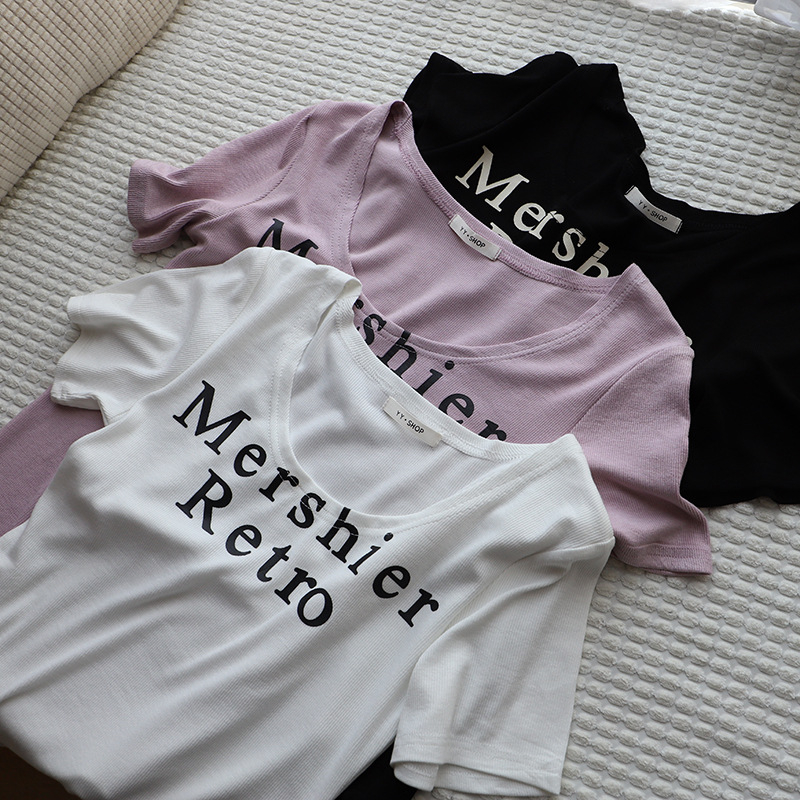 8681 Women Sexy Deep U-neck short Sleeve T-shirt Letter Print Casual Slim T shirts Skinny Tee Shirts Tops