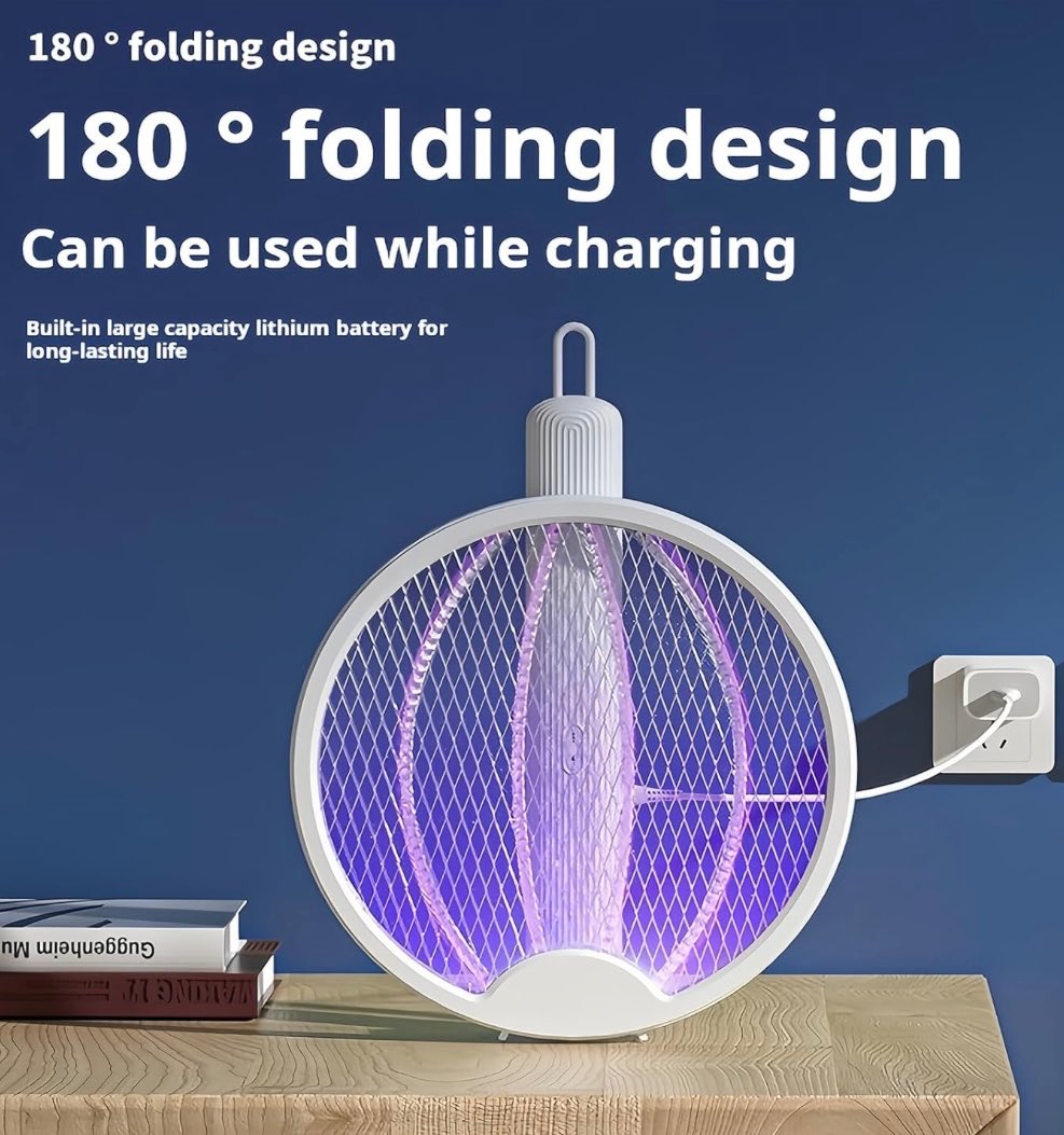 Electric Fly Swatter Mosquito killer Lamp 2 in 1, Foldable, Standing, Wall Mounted, 3000 V with USB, Rechargeable, Suitable for Home, Garden, Camping, Indoor and Outdoor Use