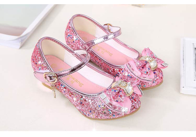 Dress Shoes Autumn New Girls' Small High-Heeled Leather Shoes Sparkling Shoe upper with Bow Decoration for Children's Dance Shoes