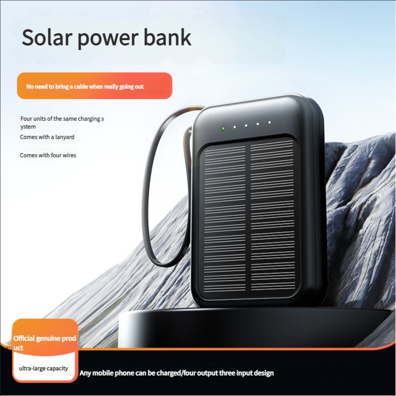 Mini solar power bank with built-in 2W mAh cable, large capacity, compact and convenient mobile power bank