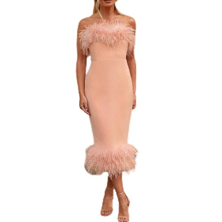feather strapless midi dress ladies dress sleeveless elegant tight long club party dress