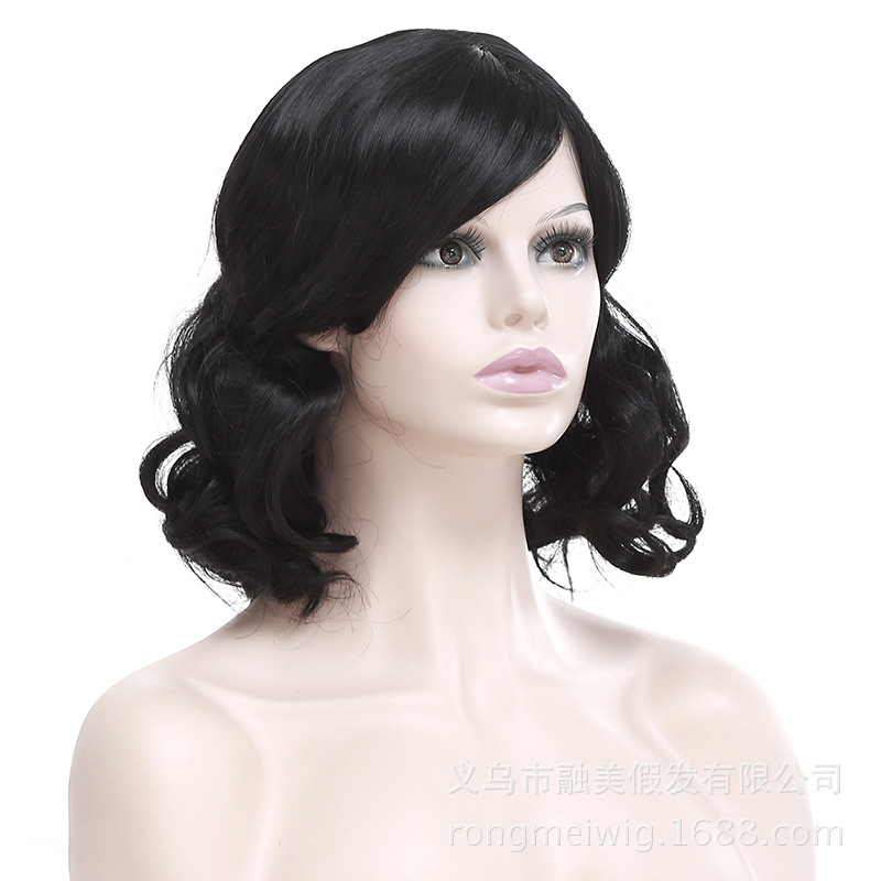 RM3530 Short Bob Lace Front Wigs Glueless Natural Wave Synthetic Heat Resistant Fiber Hair Wig For Black Women 16 Inches Black Wavy Shoulder Length Wigs