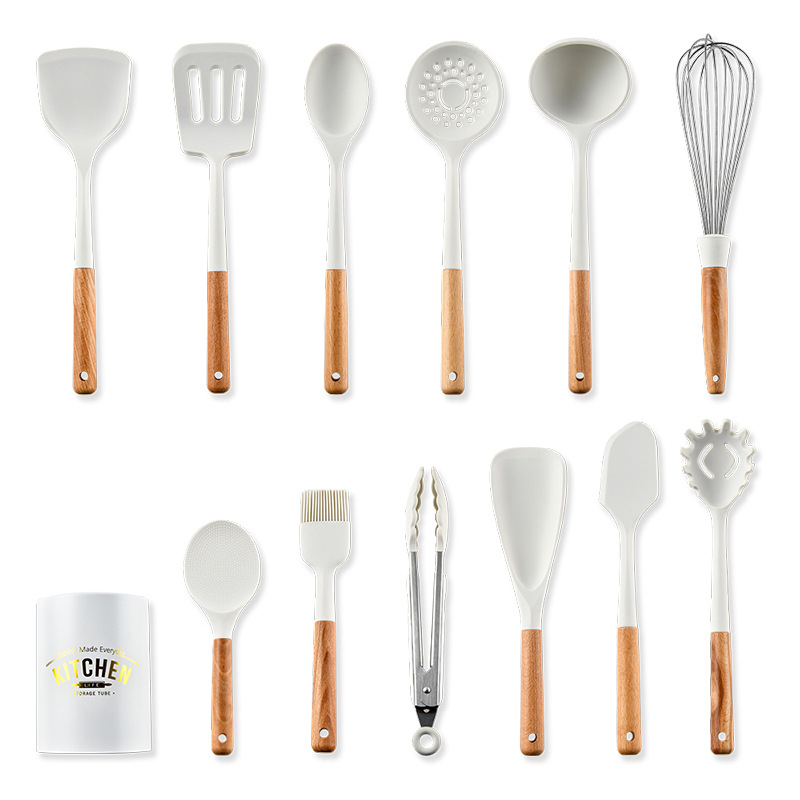 SKU-6860 White Silicone Utensils Set, 12pcs Kitchen Gadgets Cooking Utensils Set, Non-stick Heat Resistant with Wooden Handle, Silicone Spatula Turner Cookware with Holder for Cooking Baking