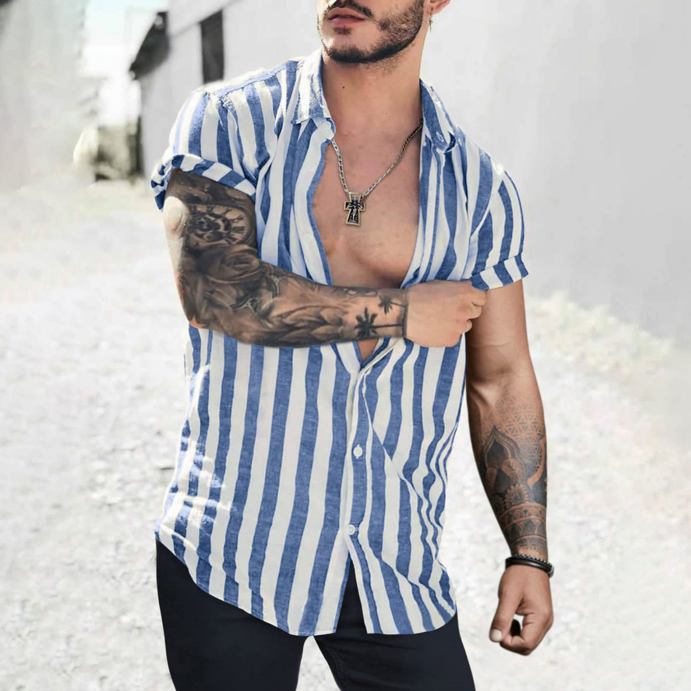 C19 Men Lightweight Casual Summer Top Buttons Short Sleeve Men Shirt for Outdoor
