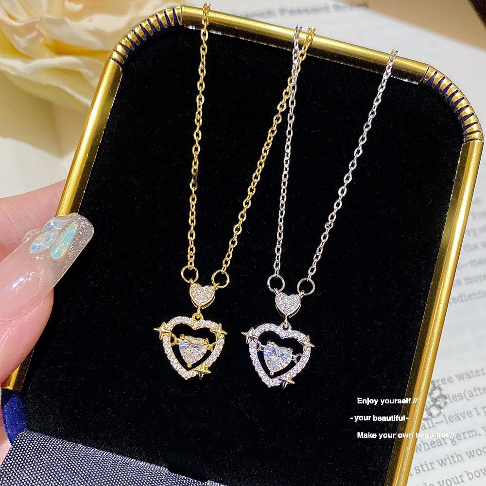  Dainty Zircon Star & Heart Pendant Necklace, Simple Luxury Super Flash Clavicle Chain, Niche High-end Fashion Jewelry, Casual Party Versatile Neck Accessories