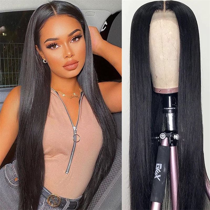 A wig for a woman with long black hair split in the middle, straight hair and synthetic fiber full head cover