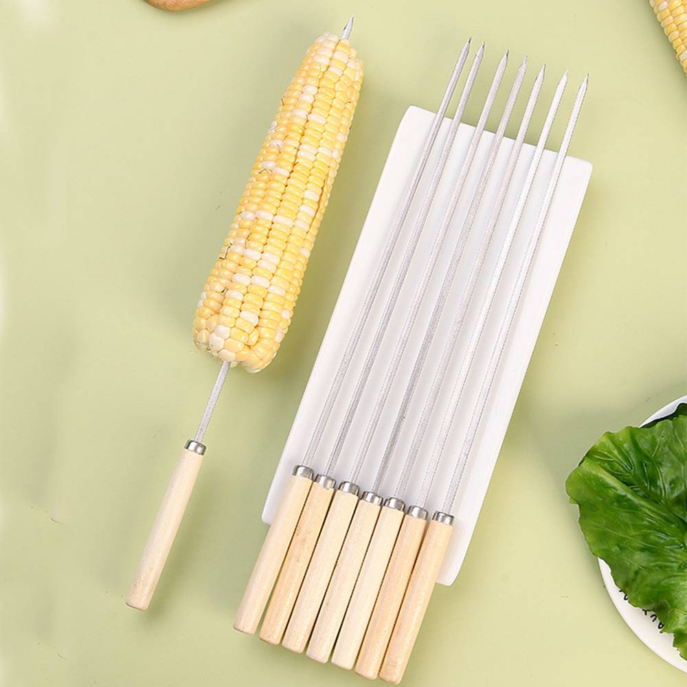 40Pcs Stainless Steel Barbecue Wooden Handle Sticks BBQ Grill Skewers Roasting Needle Sticks Outdoor Camping BBQ Picnic Tools
