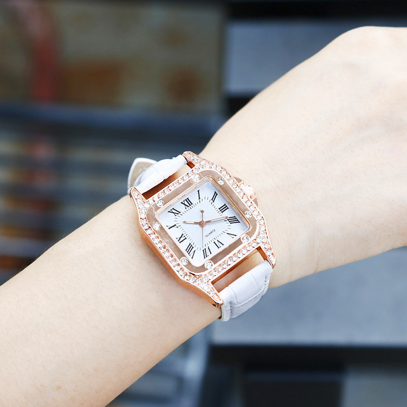 women's square diamond watch set leather waterproof strap quartz watch and jewelry bracelet girls set