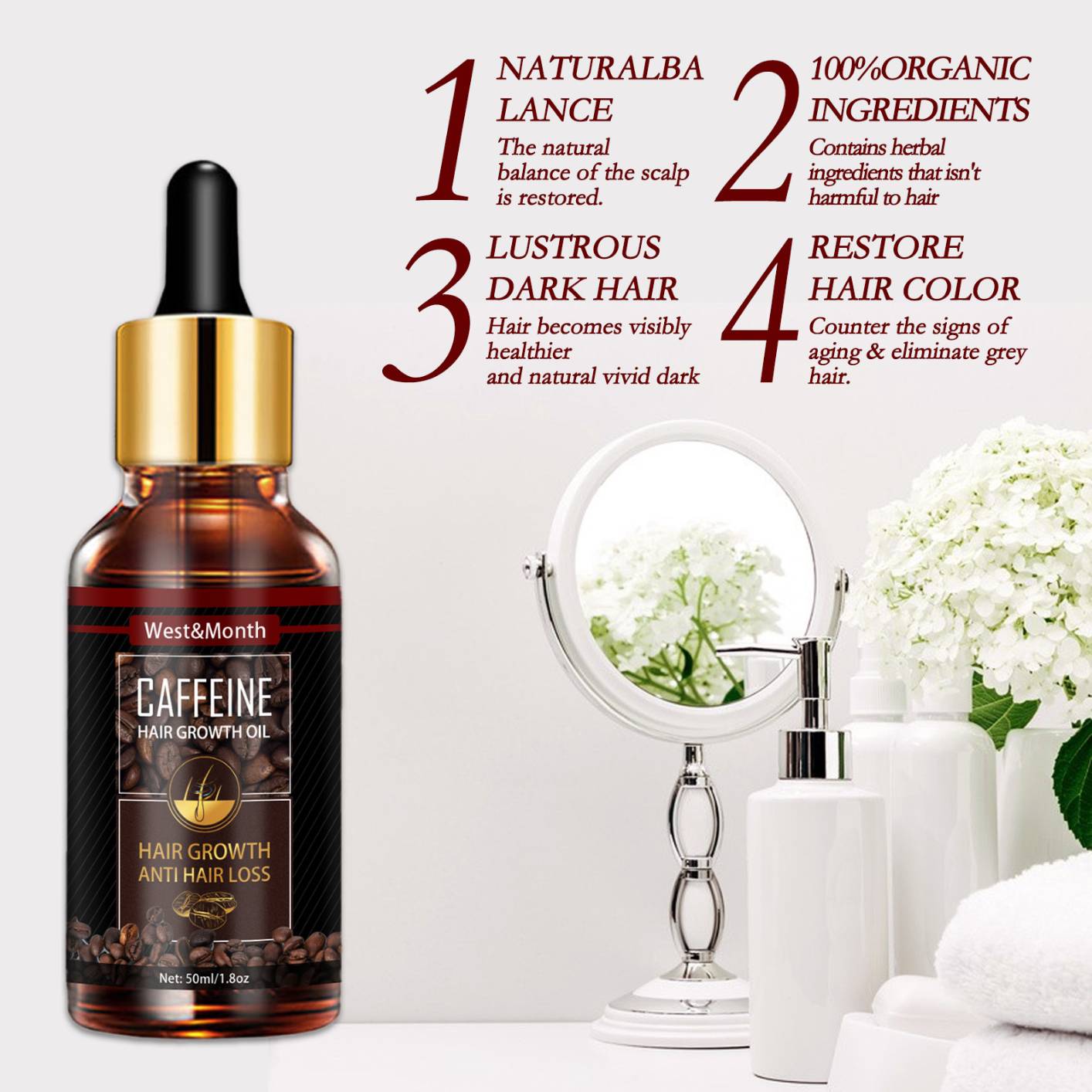 West&Month 50ml Hair Growth Oil Natural with Caffeine, Biotin and Castor, Hair Essential Oil for Hair Care Nourishing and Softening