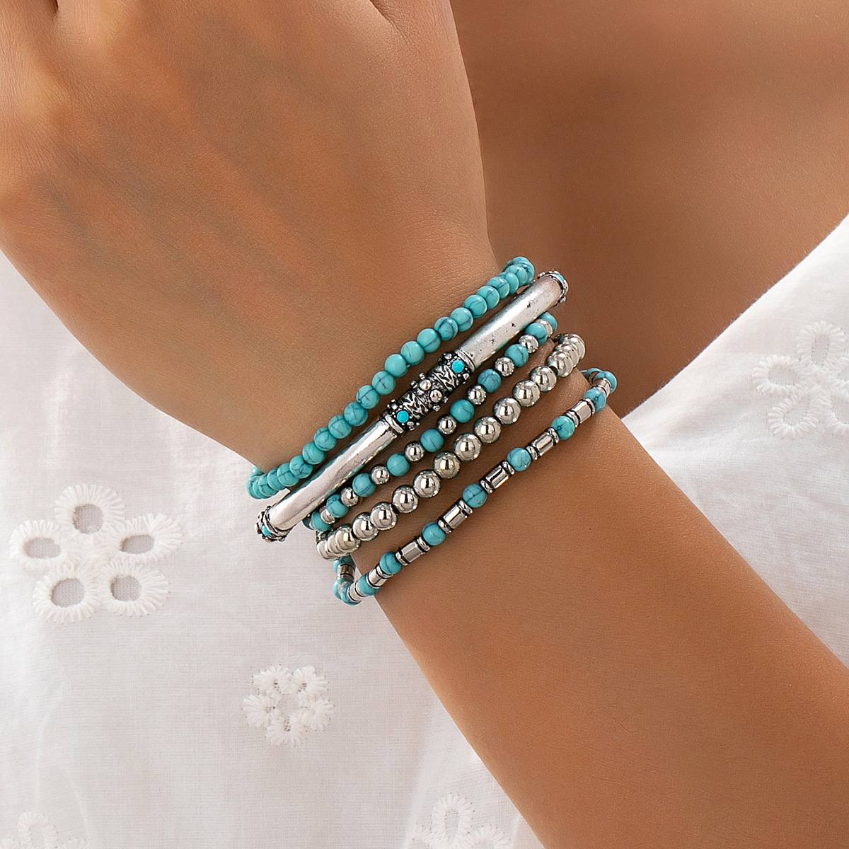 Bohemian Turquoise Beaded Bracelet Set, Vintage Multi-Layer Stackable Bangles, Retro Ethnic Style Elastic Bracelets for Women, 5-Piece Stackable Jewelry Set for Casual & Boho Outfits
