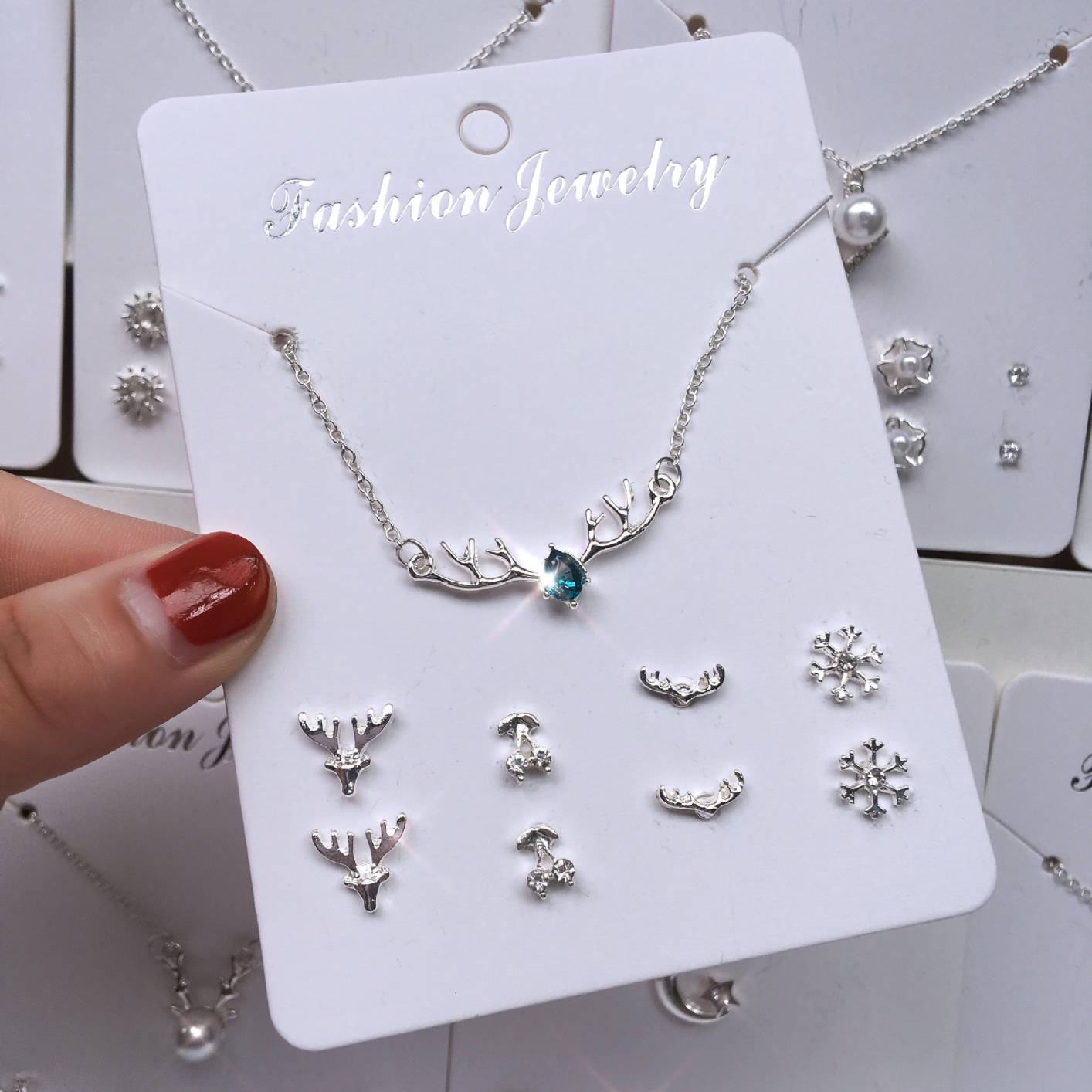 A7 Women One Deer Has Your Pearl Drop Clavicle Chain Earrings Set Jewelry Gifts