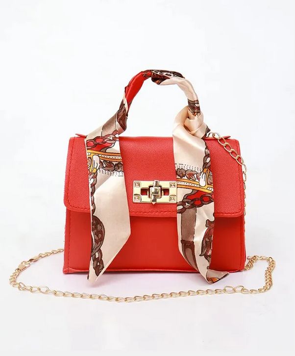 Women's Fashion Handbag with Floral Nylon Silk Scarf - Gold Chain strap