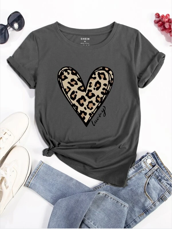 DX067# Women Heart Print  Tee T-Shirt