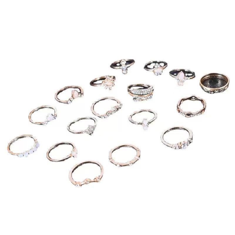 New Bohemian 17 Pieces Ring Set for Women Inlaid Rhinestone Metal Ring Luxury Design Fashion Charm Jewelry Party Gifts