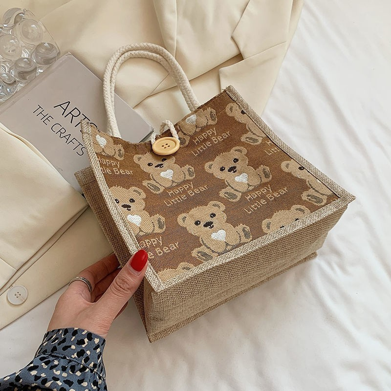 Cute Bear Pattern  Lunch Bag Flax Girl Student Handbag Outdoor Handbag Casual Lunch Bag Underarm bag
