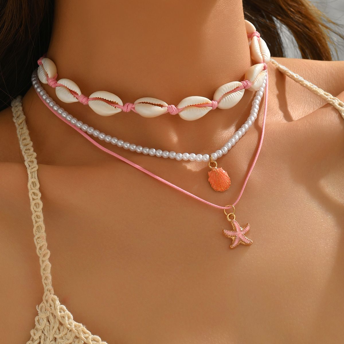 3Pcs Boho Shell Layered Necklace Set, Pink Cord & Pearl Beaded Choker with Starfish & Shell Charms, Adjustable Beach Jewelry for Women
