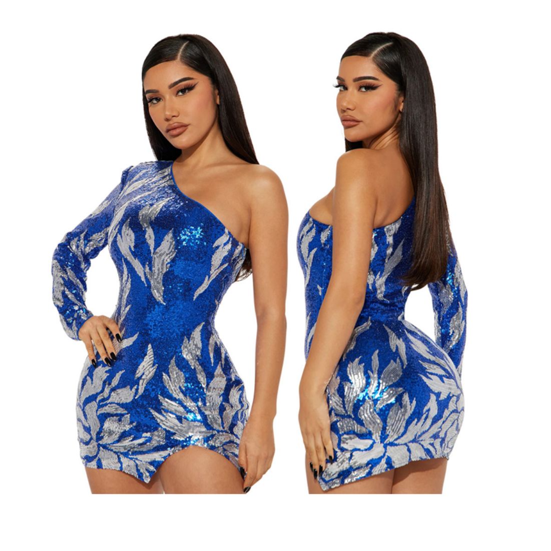 New fashion one-shoulder slim sequined hip dress with short skirt fashion sexy party bar performance skirt female lady ladies woman womenBLUE