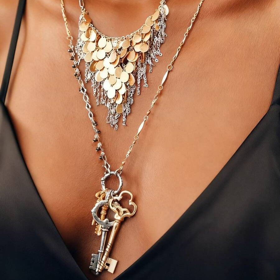 Vintage 3-Tier Layered Necklace with Gold Coins, Tassel Chains & Key Charms, Adjustable 54+7cm Statement Choker for Women
