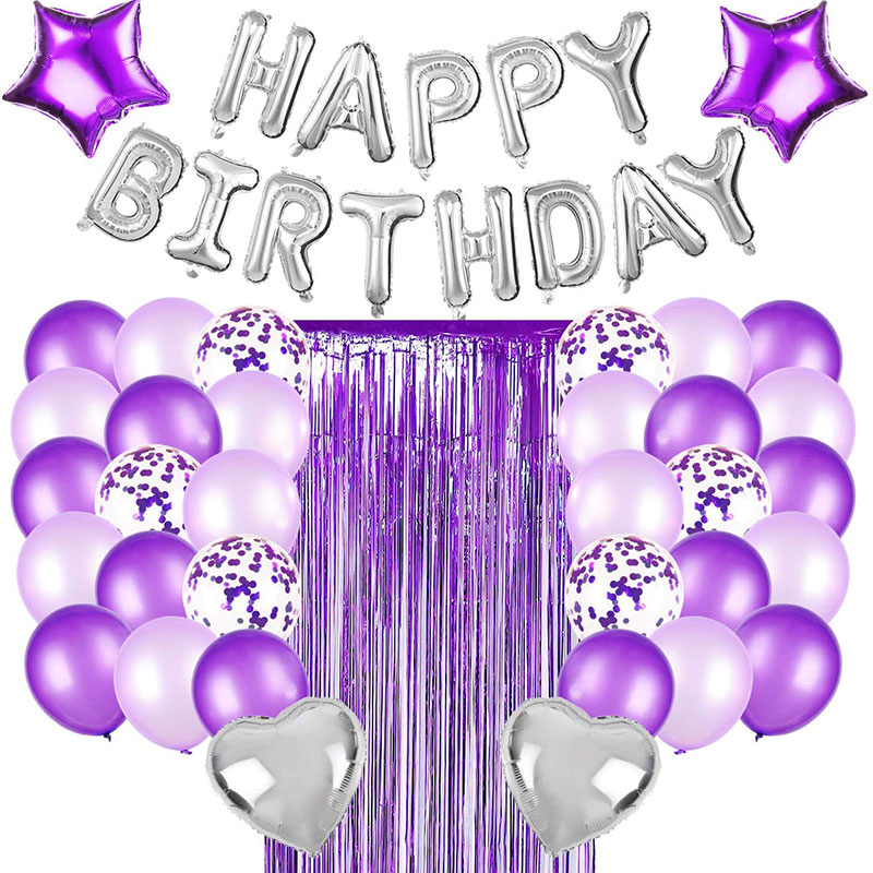 Purple Birthday Party Decorations Set with Purple Balloons, Silver Happy Birthday Balloons Banner, Purple Foil Fringe Curtain for Baby Shower Birthday Party