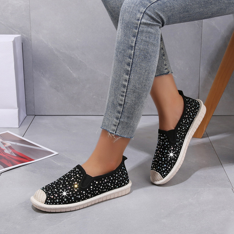 1808 Women's Rubber Sole Black Dress Shoes Comfortable Round Toe Slip on Flats with Rhinestone Decor